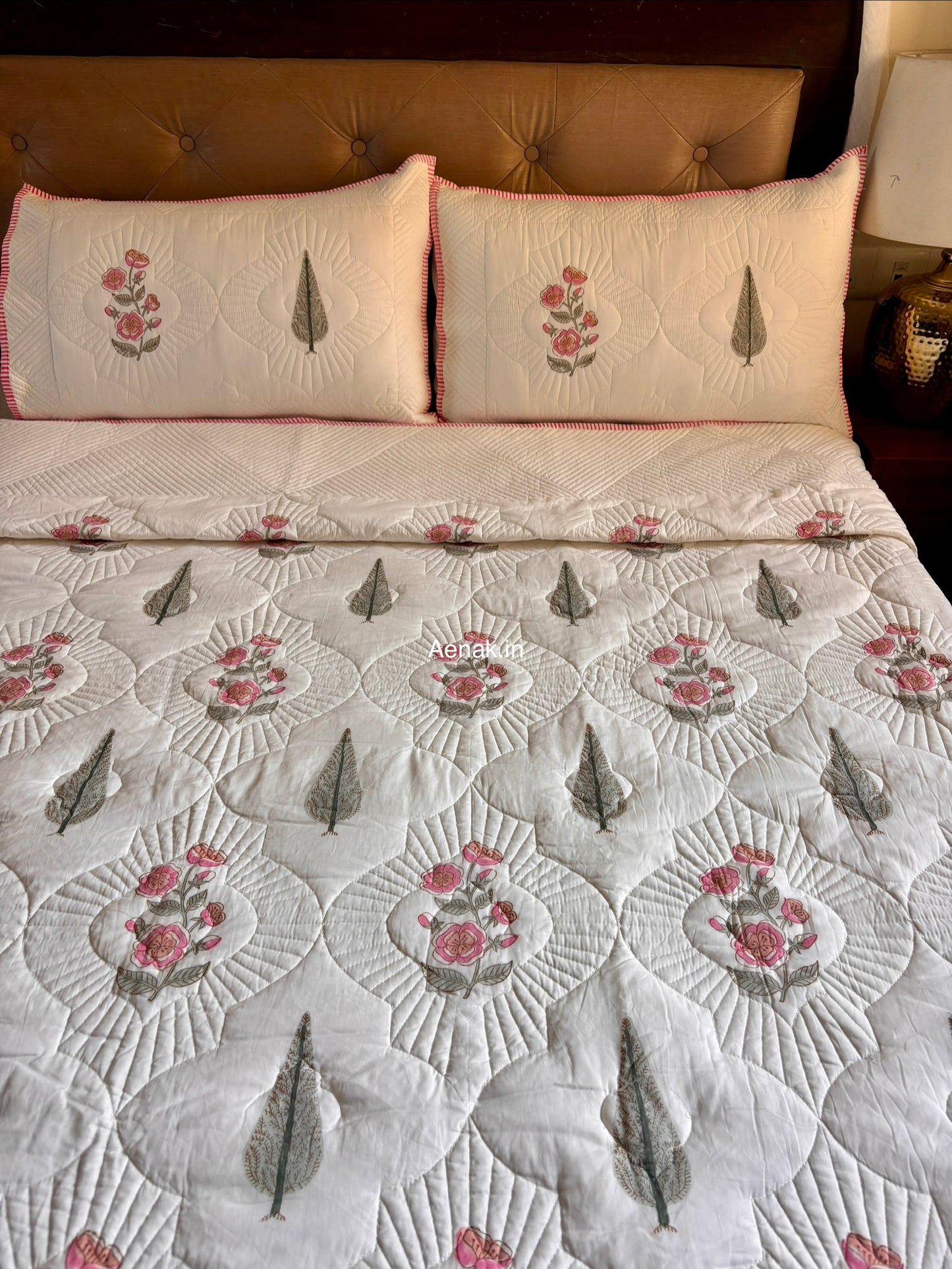 Pink Periwinkle Cypress Embossed Quilted Handblock Bedcover Set