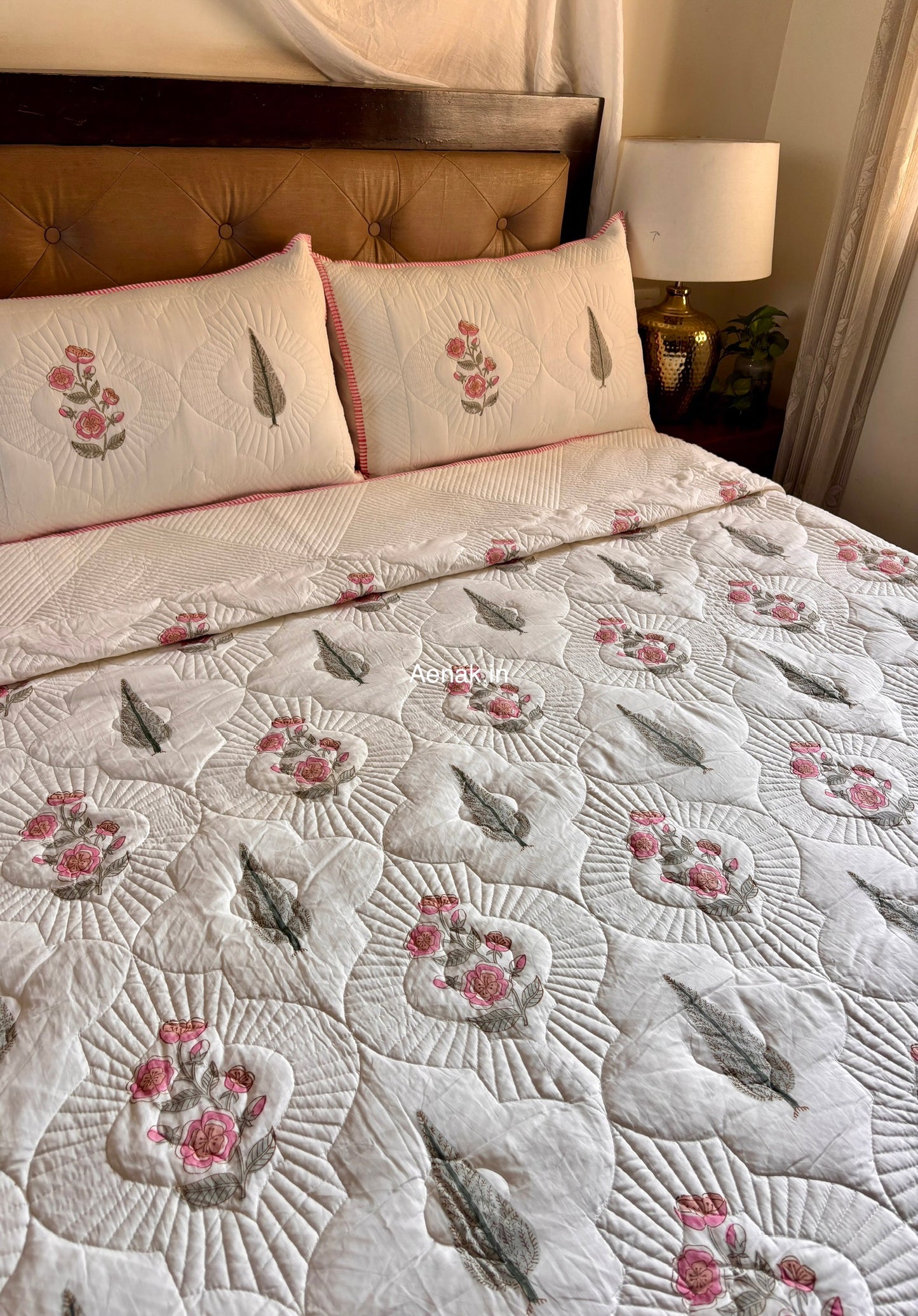 Pink Periwinkle Cypress Embossed Quilted Handblock Bedcover Set