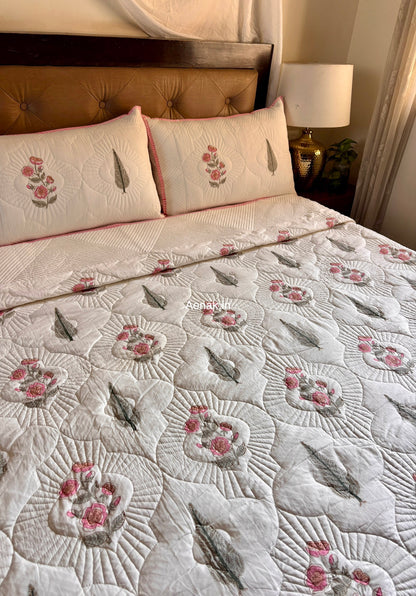 Pink Periwinkle Cypress Embossed Quilted Handblock Bedcover Set