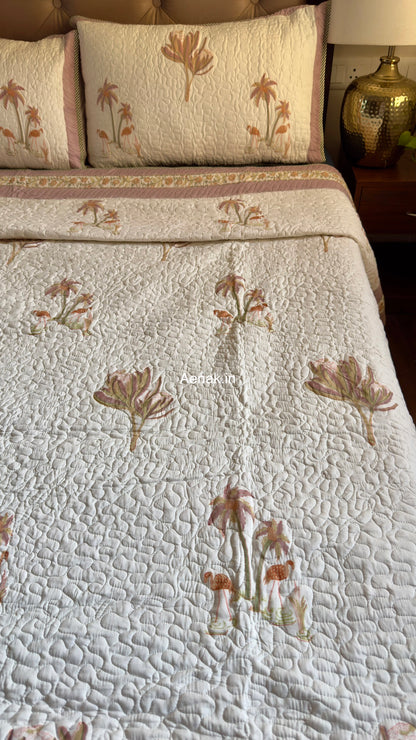 Dusty Palm Handblock Reversible Quilted Bedcover Set