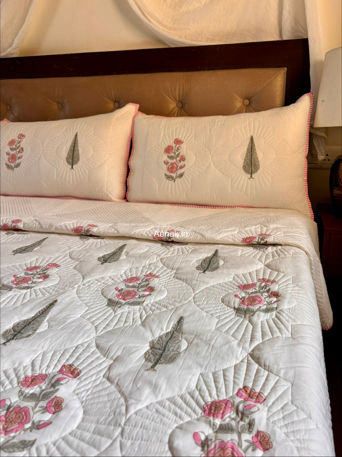 Pink Periwinkle Cypress Embossed Quilted Handblock Bedcover Set