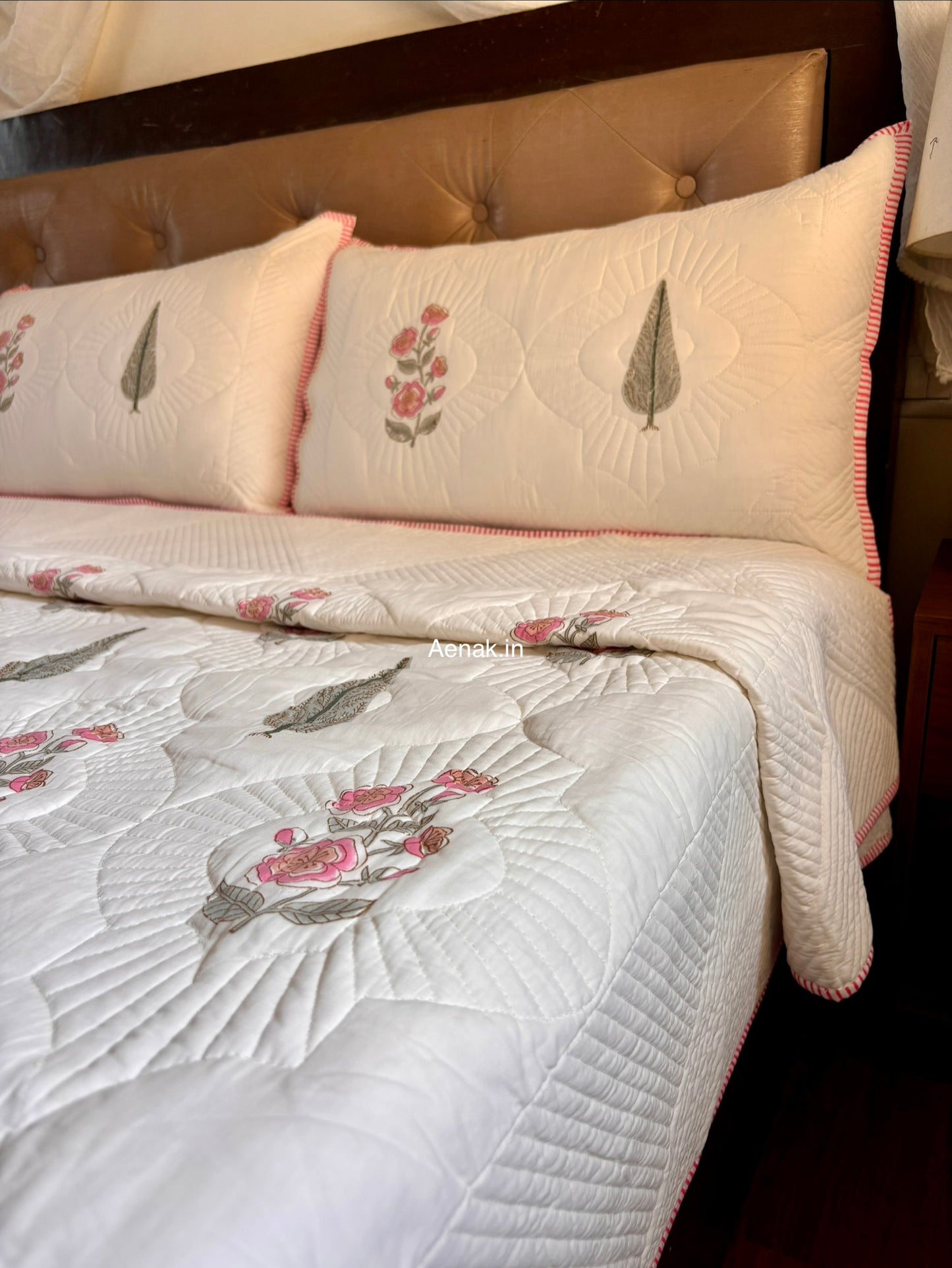 Pink Periwinkle Cypress Embossed Quilted Handblock Bedcover Set