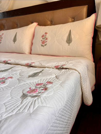 Pink Periwinkle Cypress Embossed Quilted Handblock Bedcover Set
