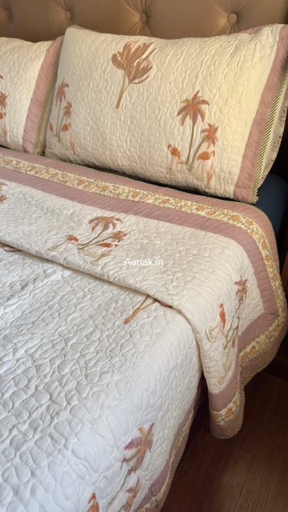 Dusty Palm Handblock Reversible Quilted Bedcover Set