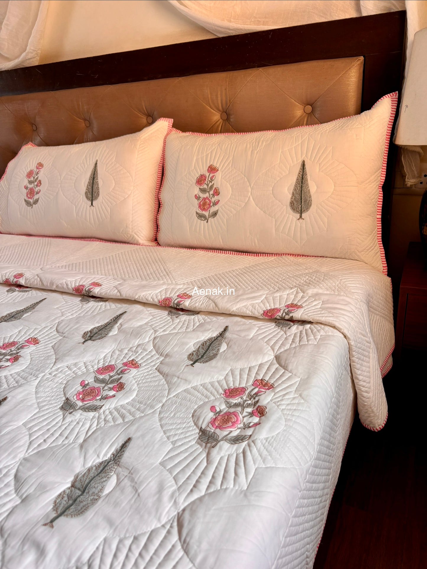 Pink Periwinkle Cypress Embossed Quilted Handblock Bedcover Set