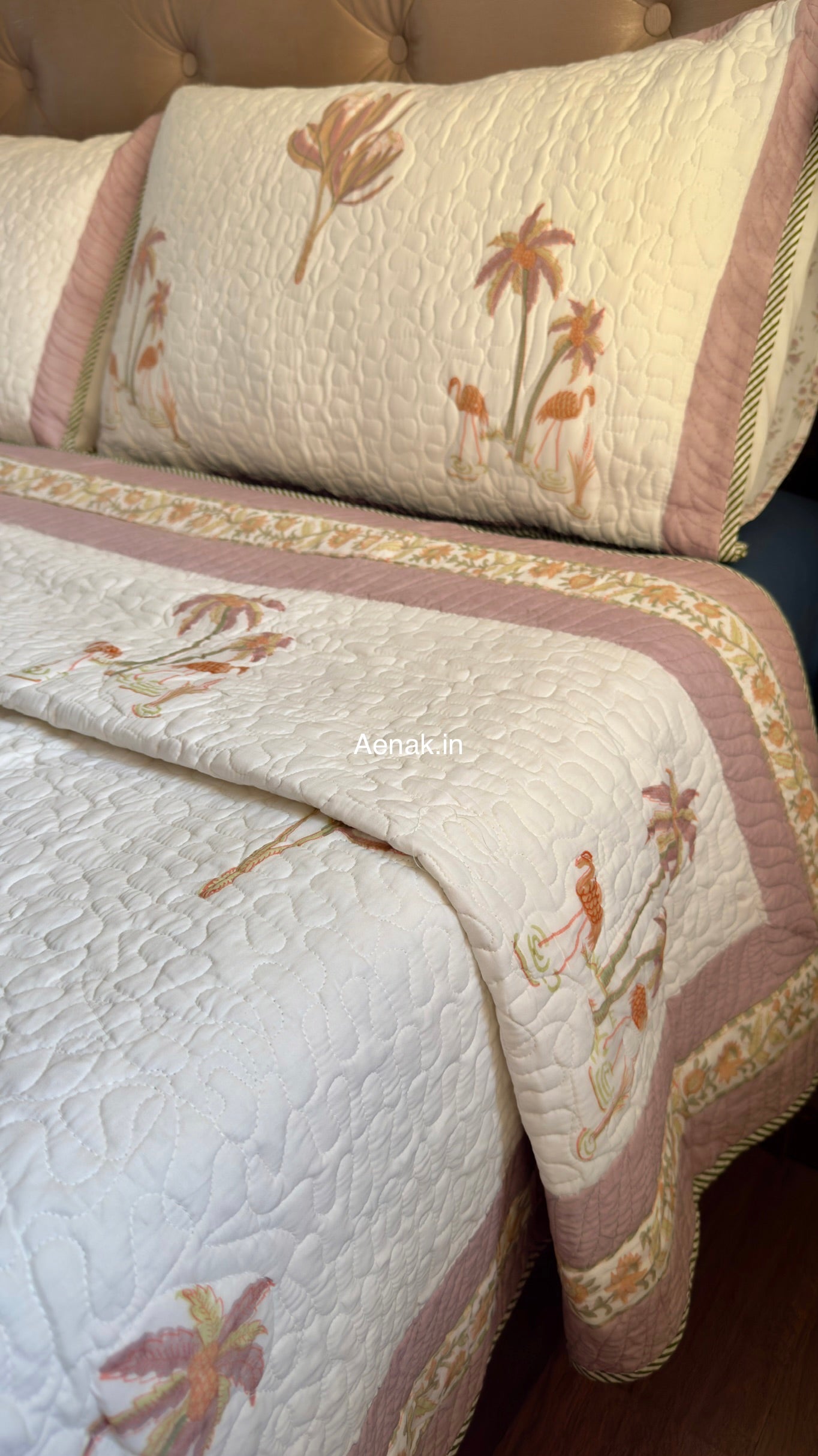 Dusty Palm Handblock Reversible Quilted Bedcover Set