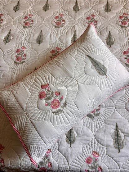 Pink Periwinkle Cypress Embossed Quilted Handblock Bedcover Set