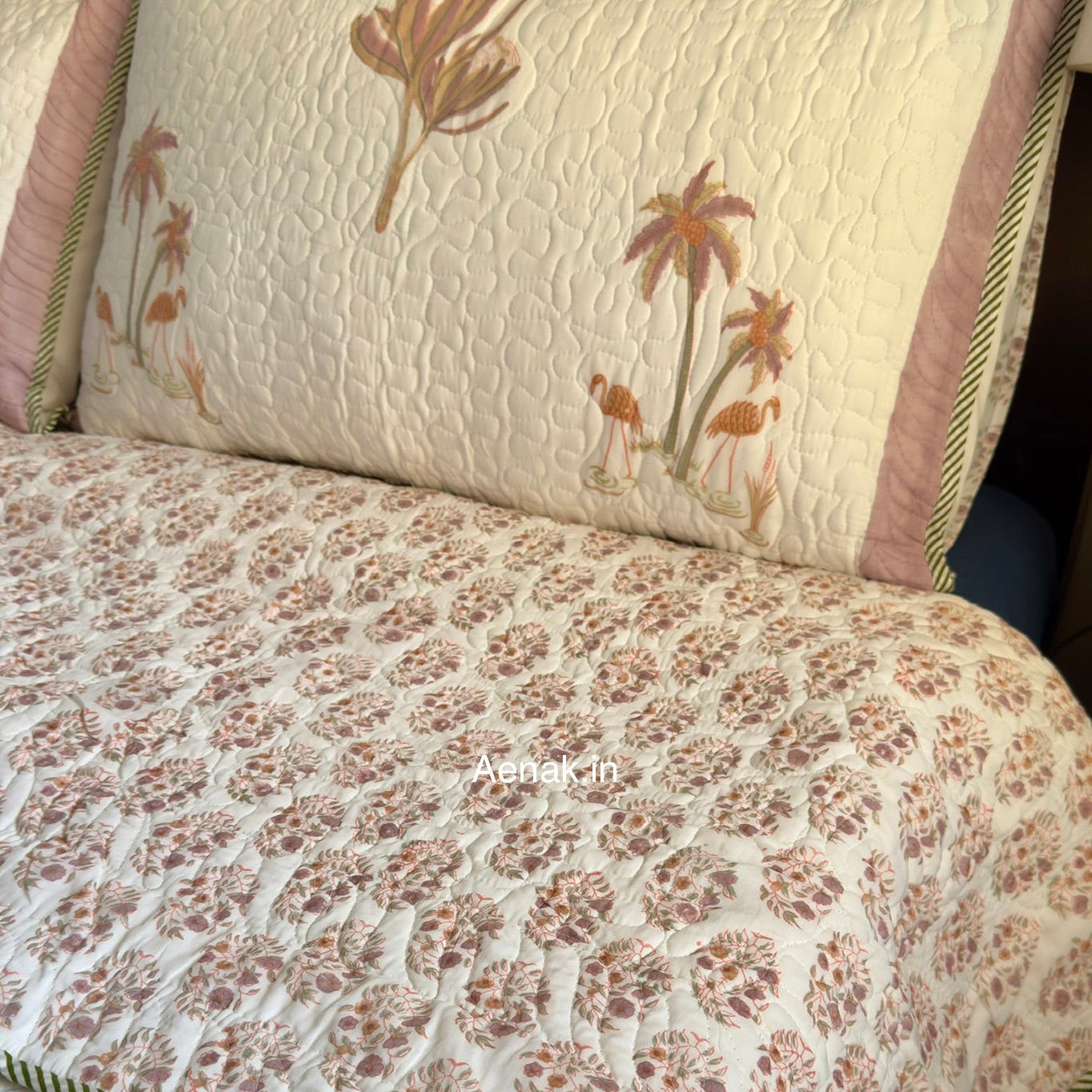 Dusty Palm Handblock Reversible Quilted Bedcover Set