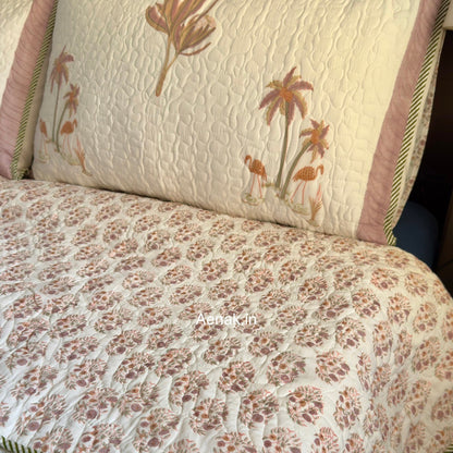 Dusty Palm Handblock Reversible Quilted Bedcover Set