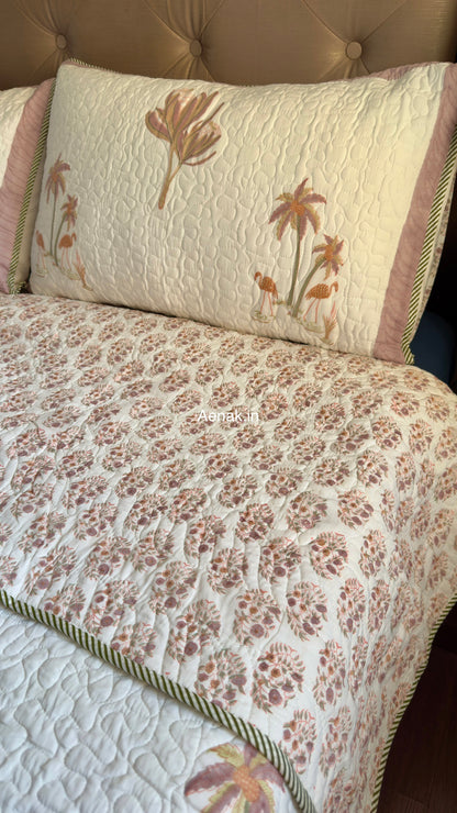 Dusty Palm Handblock Reversible Quilted Bedcover Set