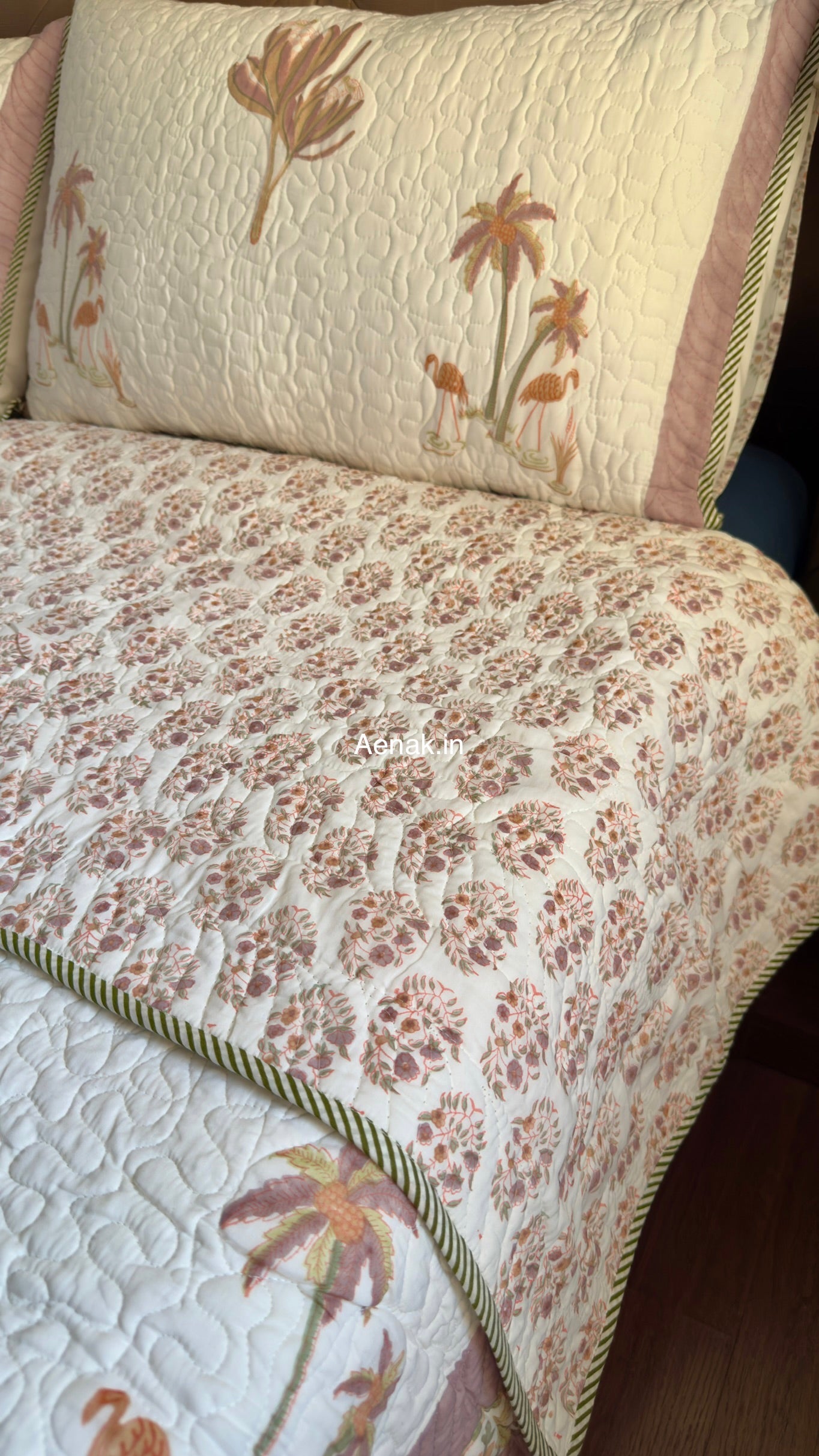 Dusty Palm Handblock Reversible Quilted Bedcover Set