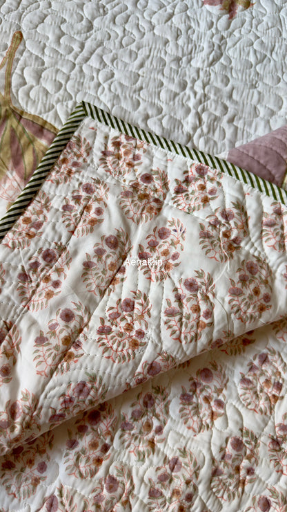 Dusty Palm Handblock Reversible Quilted Bedcover Set