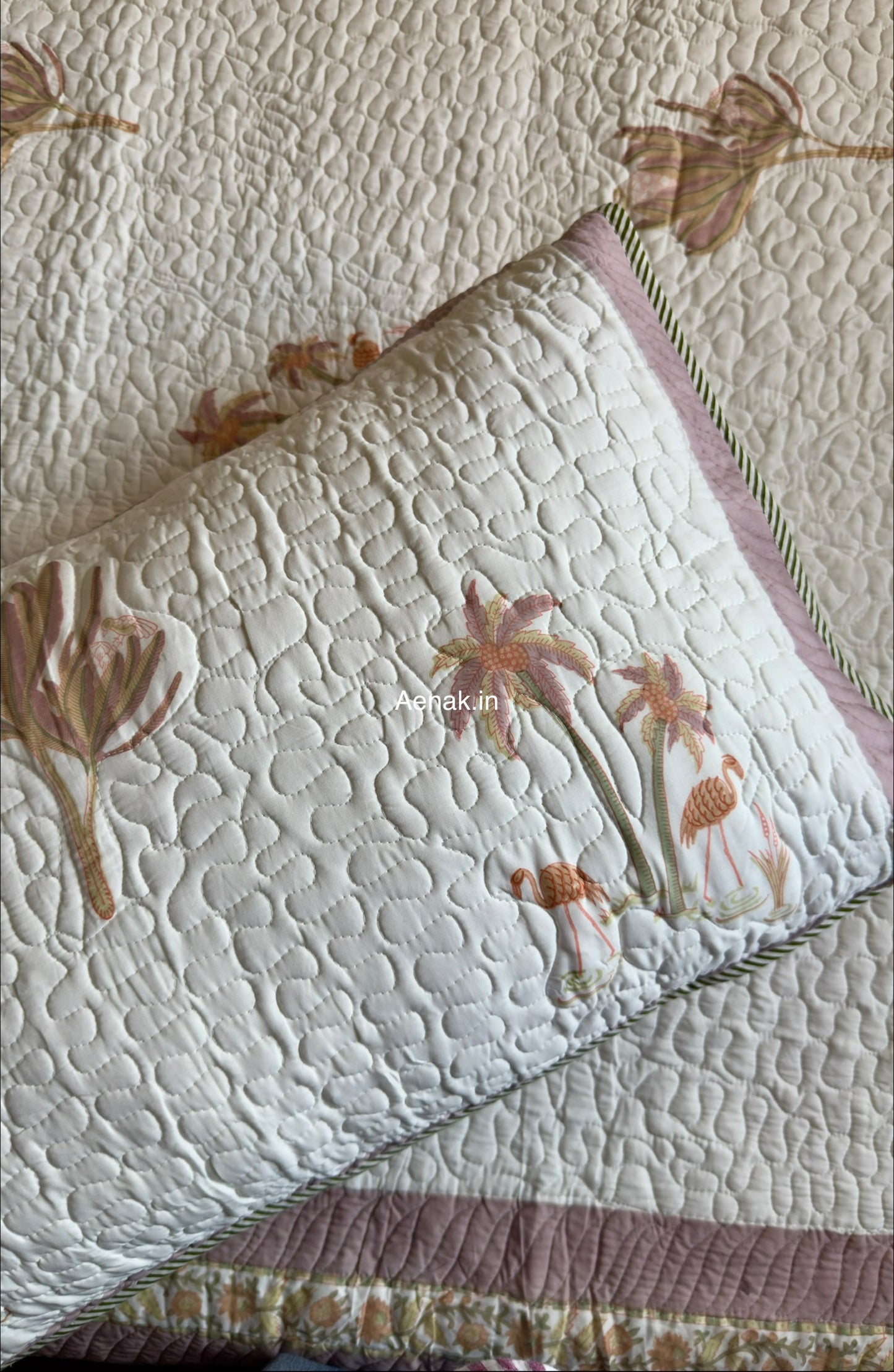 Dusty Palm Handblock Reversible Quilted Bedcover Set