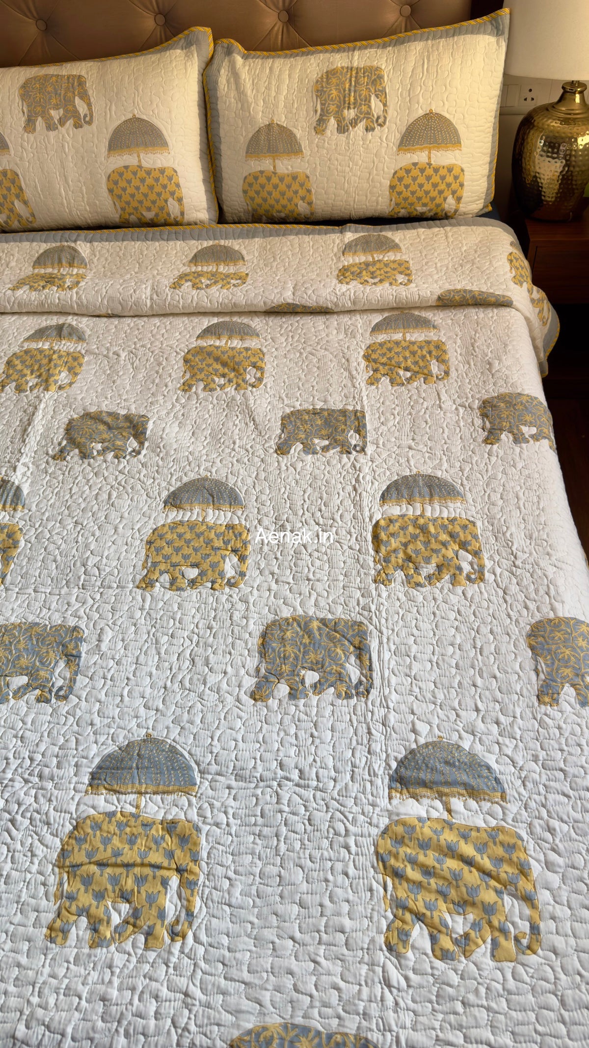 Yellow Elephant Handblock Reversible Quilted Bedcover
