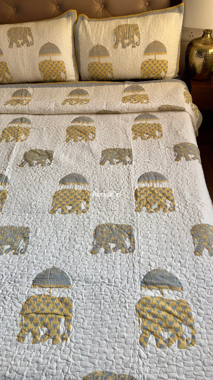 Yellow Elephant Handblock Reversible Quilted Bedcover