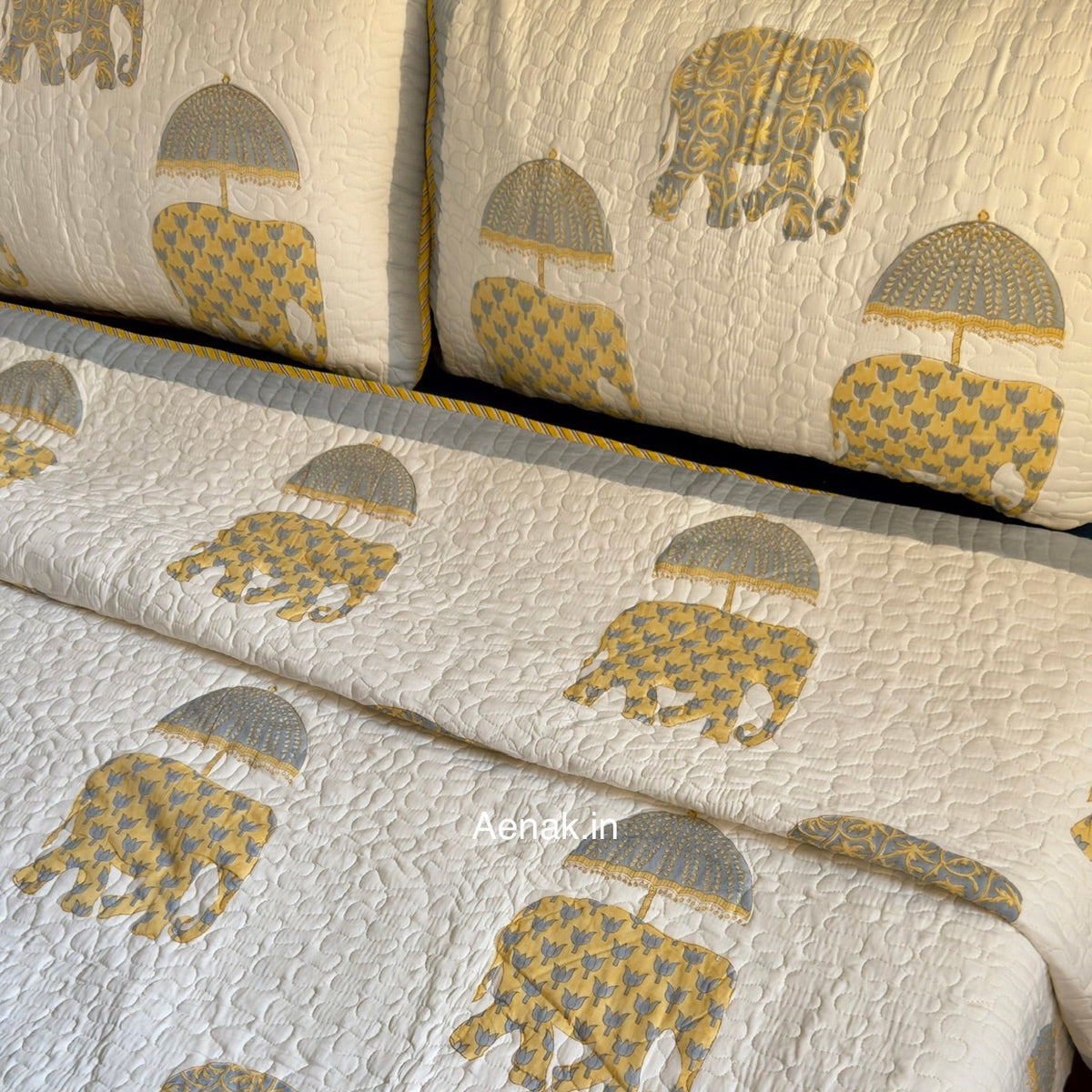 Yellow Elephant Handblock Reversible Quilted Bedcover