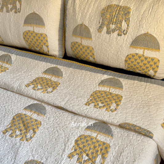 Yellow Elephant Handblock Reversible Quilted Bedcover Set