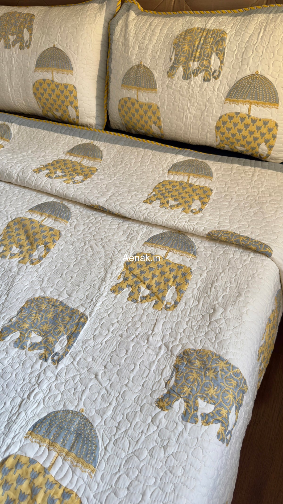Yellow Elephant Handblock Reversible Quilted Bedcover
