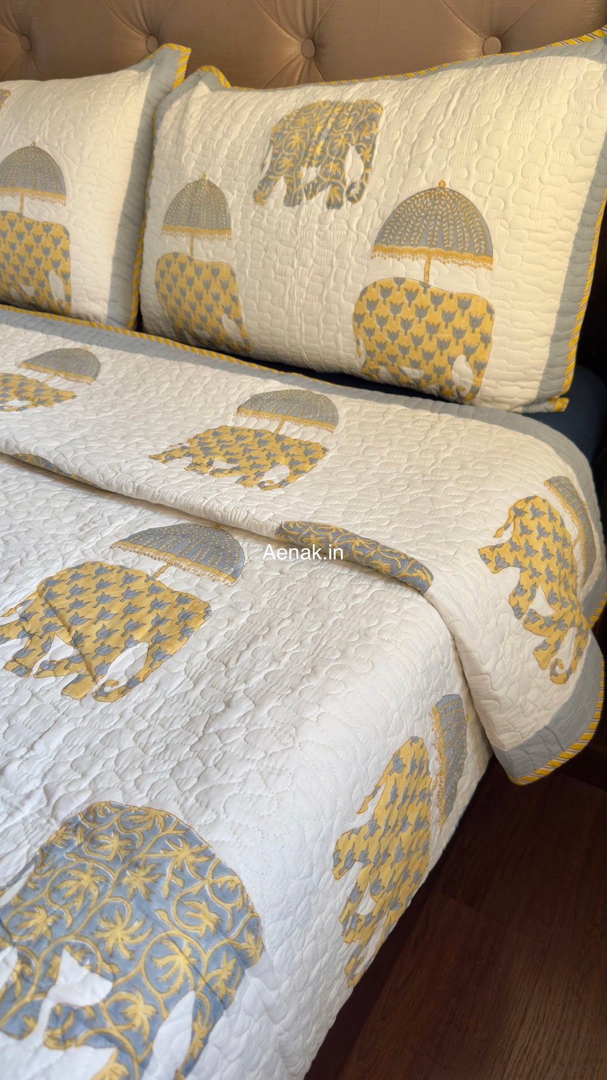 Yellow Elephant Handblock Reversible Quilted Bedcover