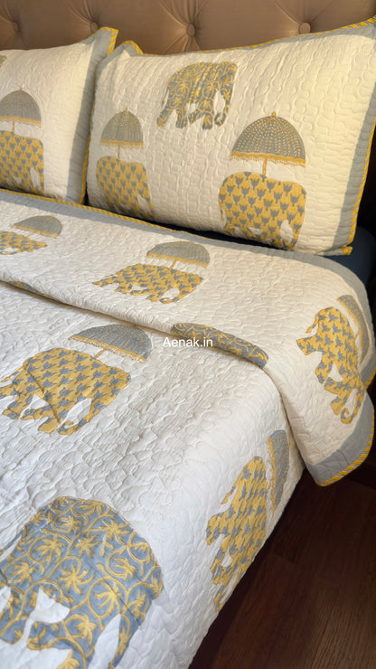 Yellow Elephant Handblock Reversible Quilted Bedcover