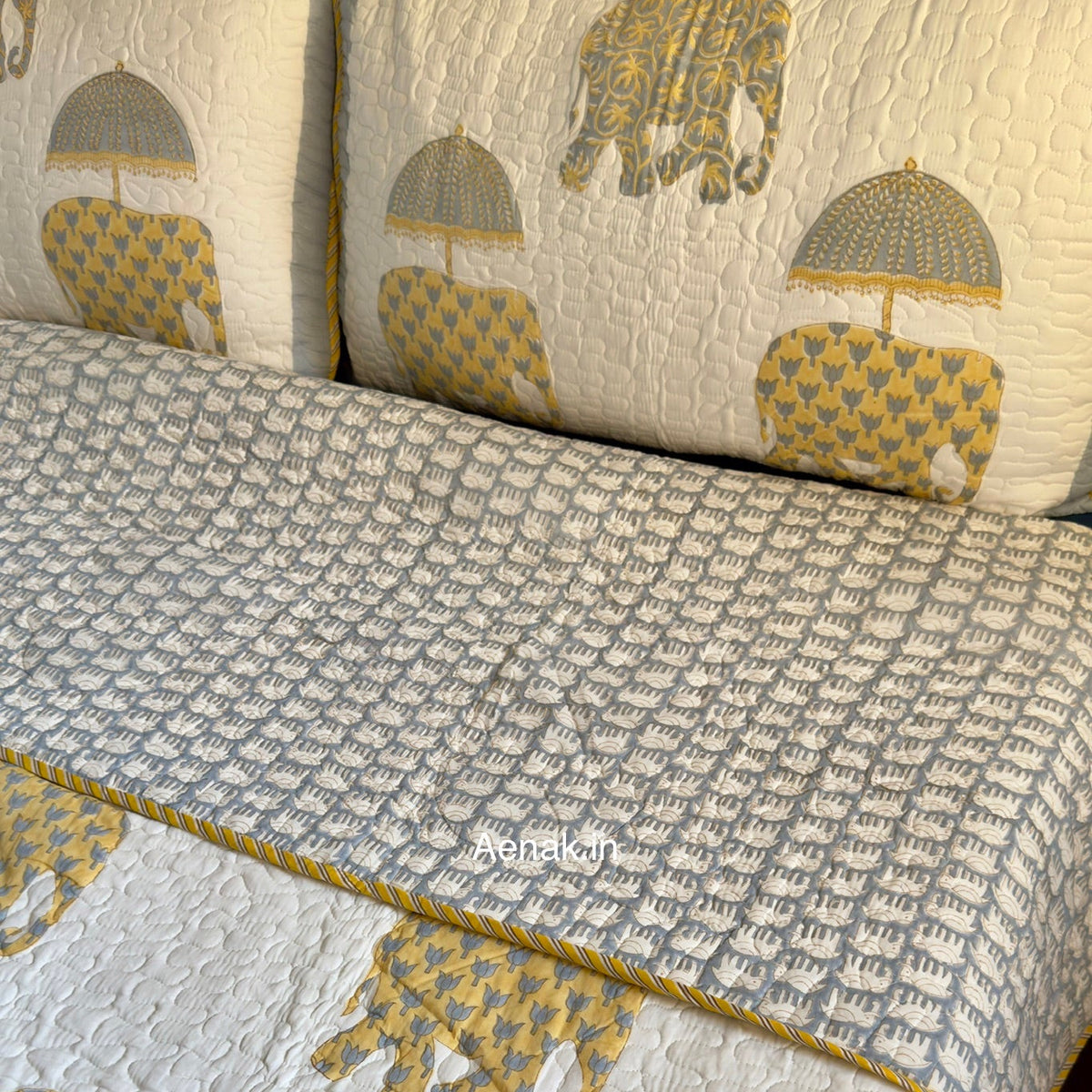Yellow Elephant Handblock Reversible Quilted Bedcover