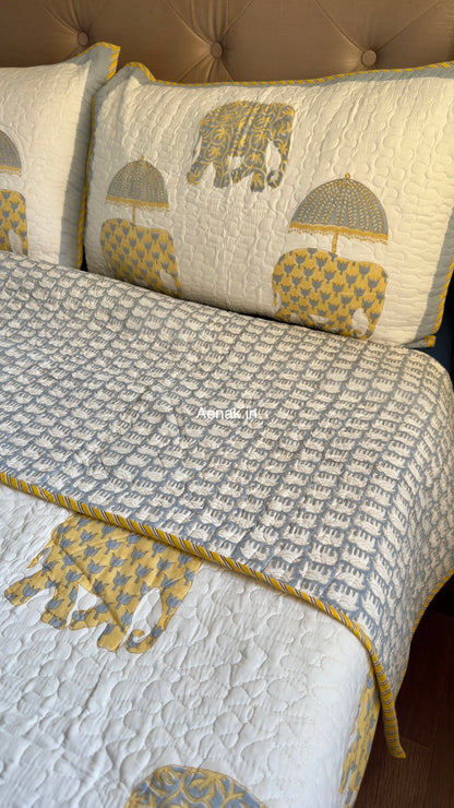 Yellow Elephant Handblock Reversible Quilted Bedcover