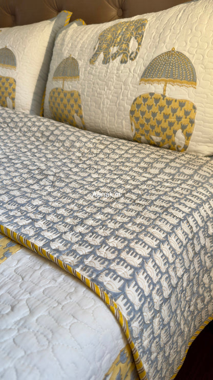 Yellow Elephant Handblock Reversible Quilted Bedcover