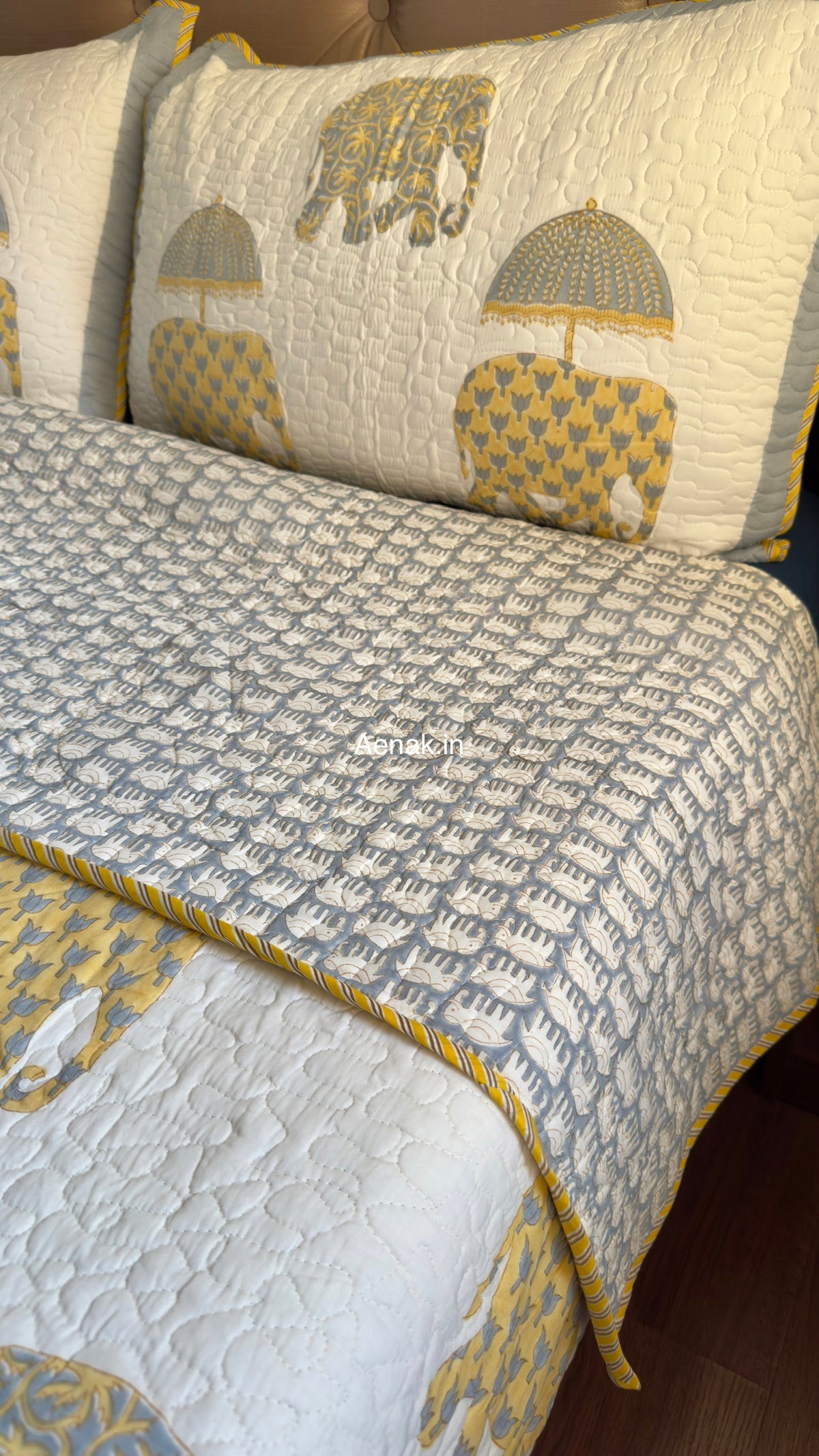 Yellow Elephant Handblock Reversible Quilted Bedcover
