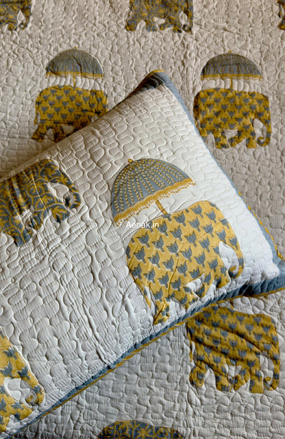 Yellow Elephant Handblock Reversible Quilted Bedcover