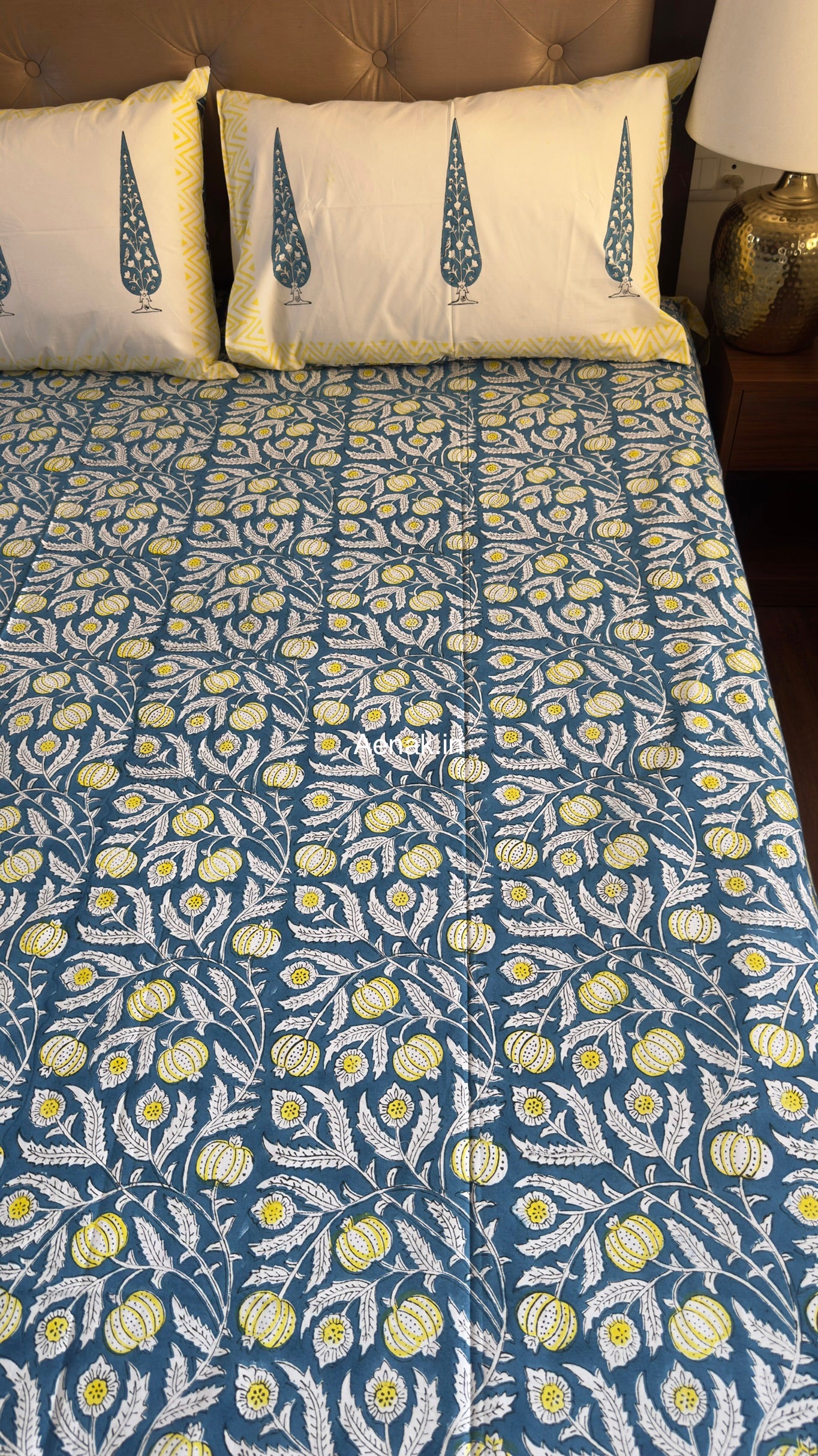 Blue Yellow Anaar Handblock Premium Cotton Bedsheet Set