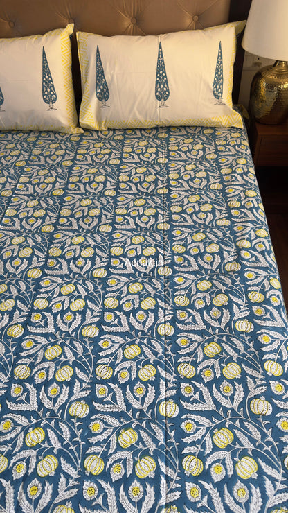 Blue Yellow Anaar Handblock Premium Cotton Bedsheet Set