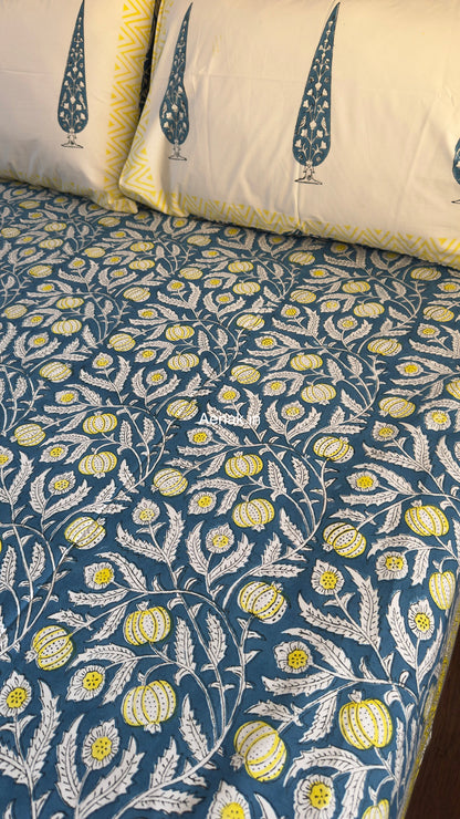 Blue Yellow Anaar Handblock Premium Cotton Bedsheet Set