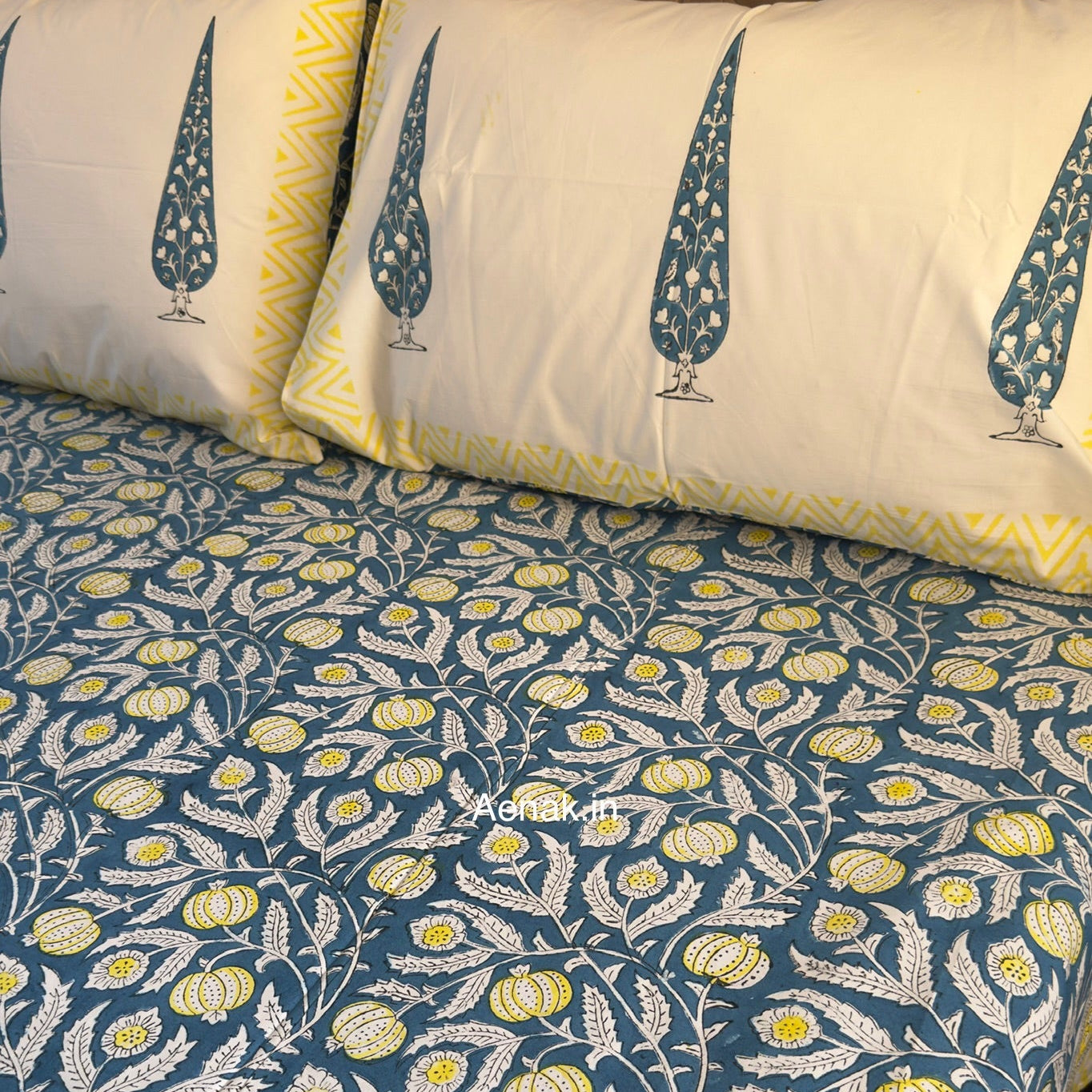 Blue Yellow Anaar Handblock Premium Cotton Bedsheet Set