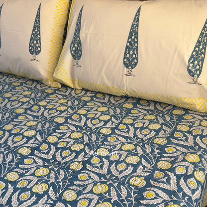 Blue Yellow Anaar Handblock Premium Cotton Bedsheet Set