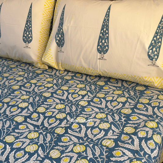 Blue Yellow Anaar Handblock Premium Cotton Bedsheet Set