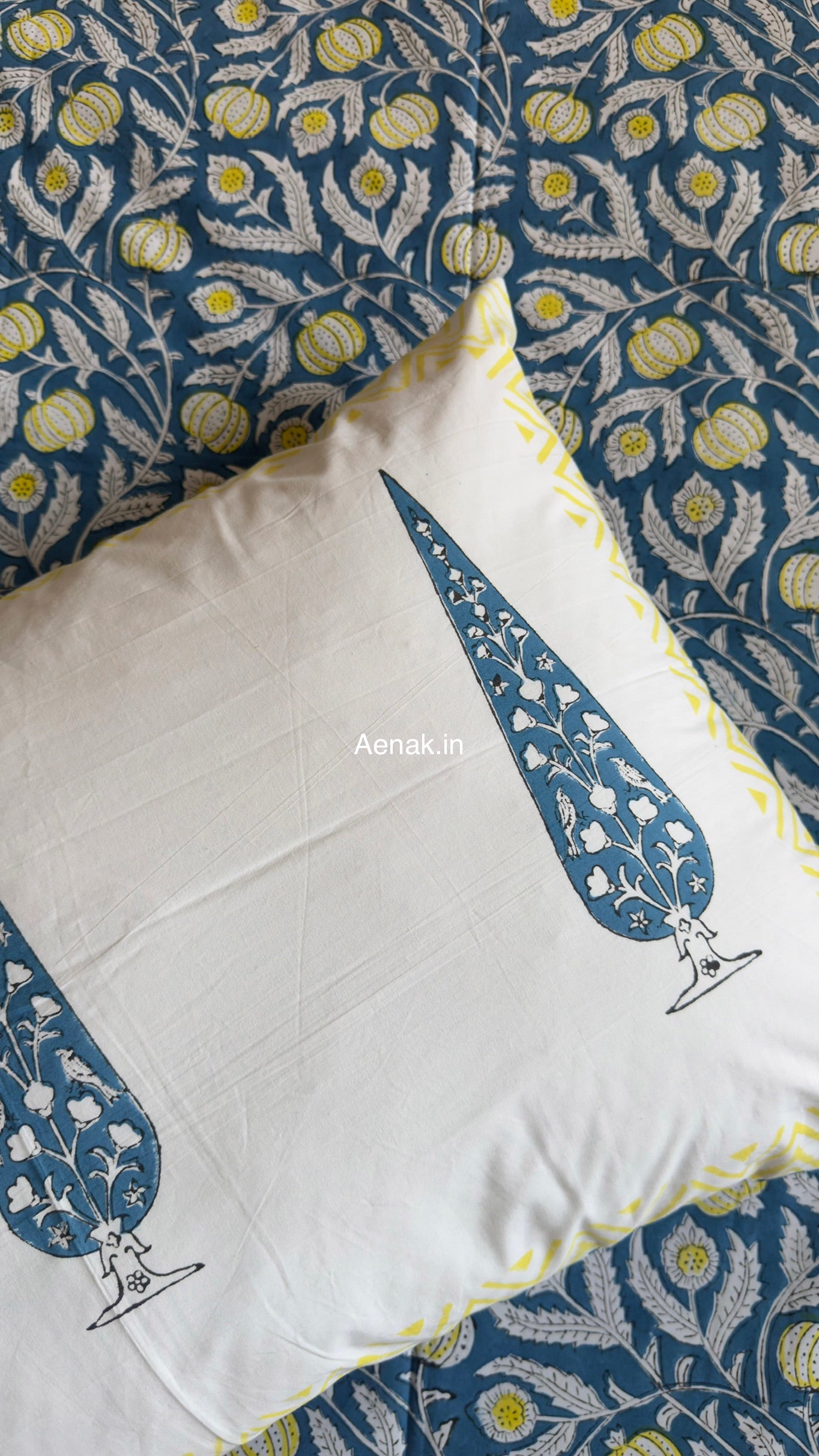 Blue Yellow Anaar Handblock Premium Cotton Bedsheet Set