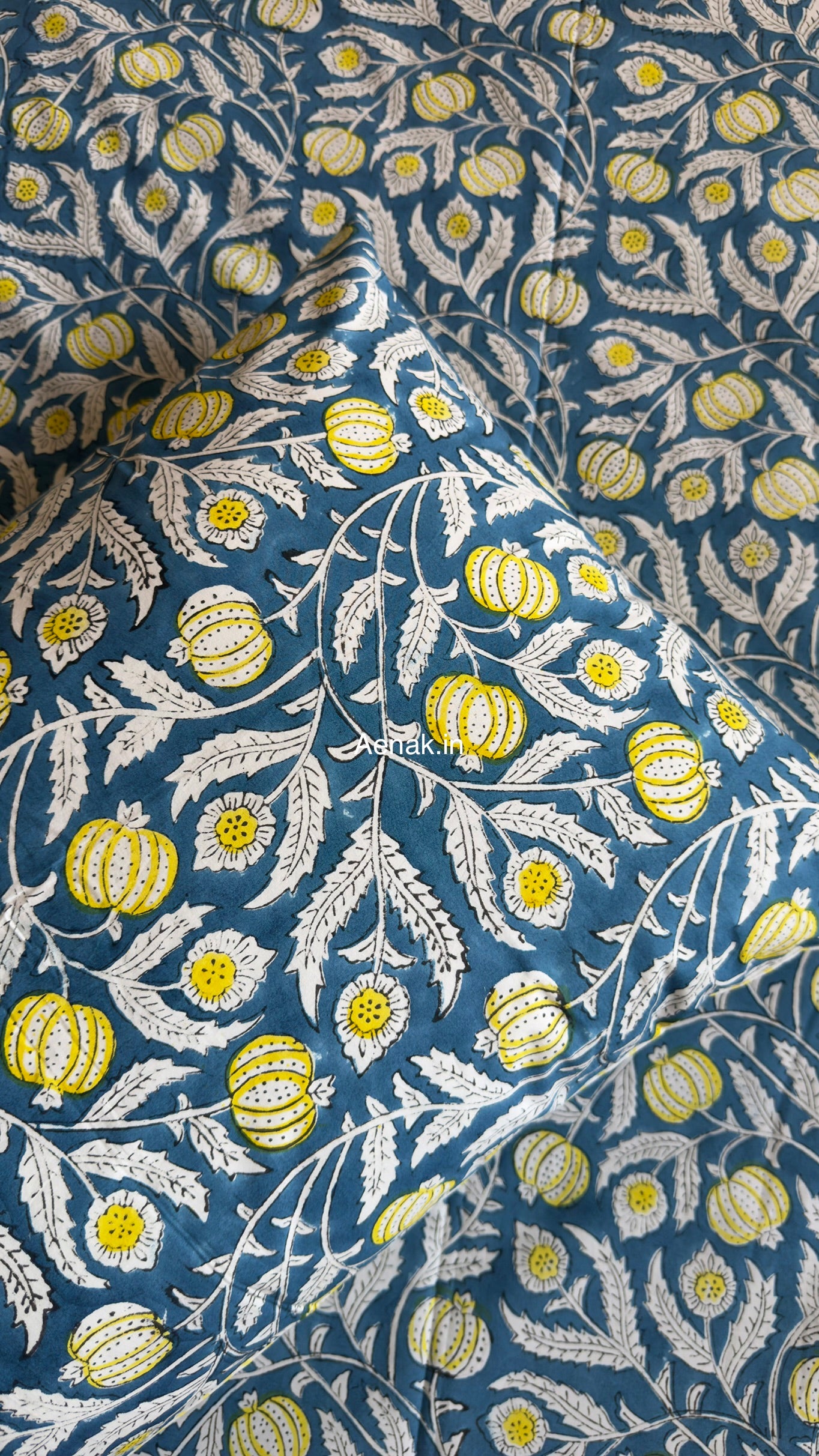 Blue Yellow Anaar Handblock Premium Cotton Bedsheet Set