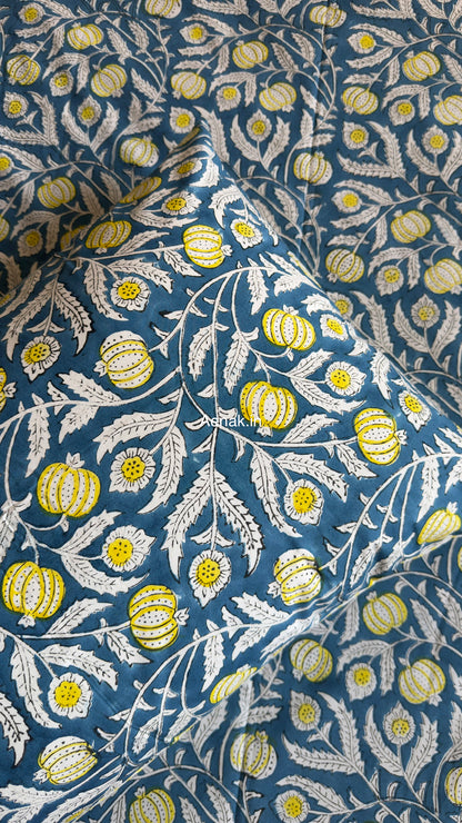 Blue Yellow Anaar Handblock Premium Cotton Bedsheet Set