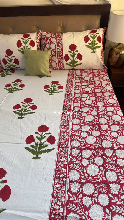 Red Dahlia Gadd Handblock Premium Cotton Bedsheet Set