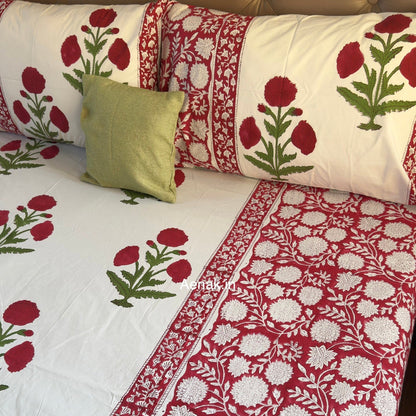 Red Dahlia Gadd Handblock Premium Cotton Bedsheet Set