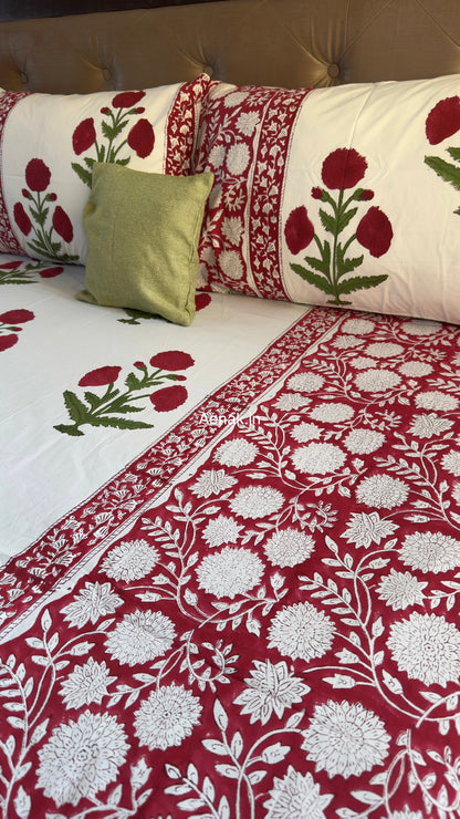 Red Dahlia Gadd Handblock Premium Cotton Bedsheet Set