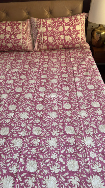 Magenta Floral Gadd Handblock Printed Premium Cotton Bedsheet