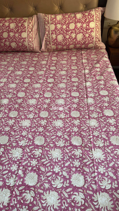 Magenta Floral Gadd Handblock Printed Premium Cotton Bedsheet