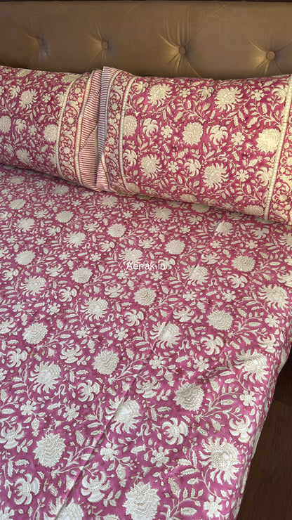 Magenta Floral Gadd Handblock Printed Premium Cotton Bedsheet