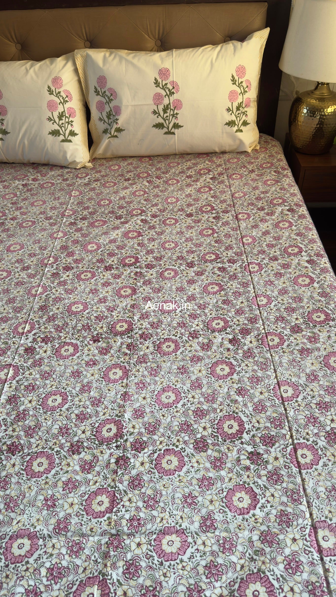 Pink Floral Garden Handblock Premium Cotton Bedsheet Set