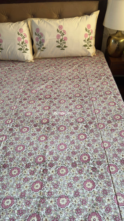 Pink Floral Garden Handblock Premium Cotton Bedsheet Set
