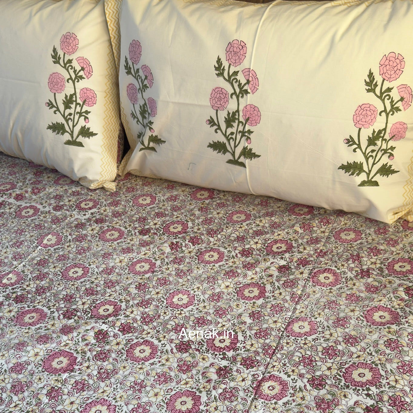 Pink Floral Garden Handblock Premium Cotton Bedsheet Set