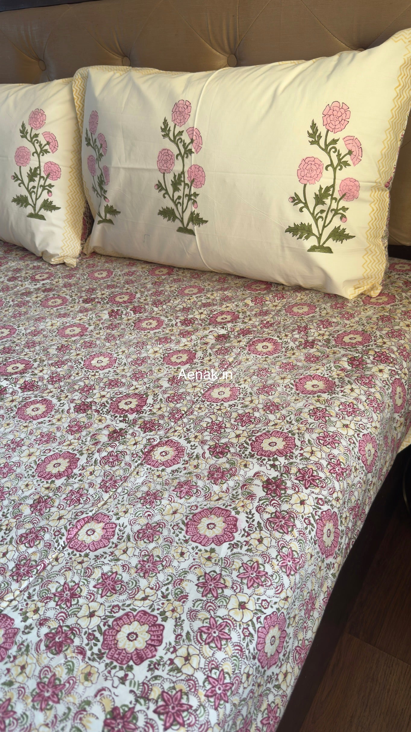 Pink Floral Garden Handblock Premium Cotton Bedsheet Set