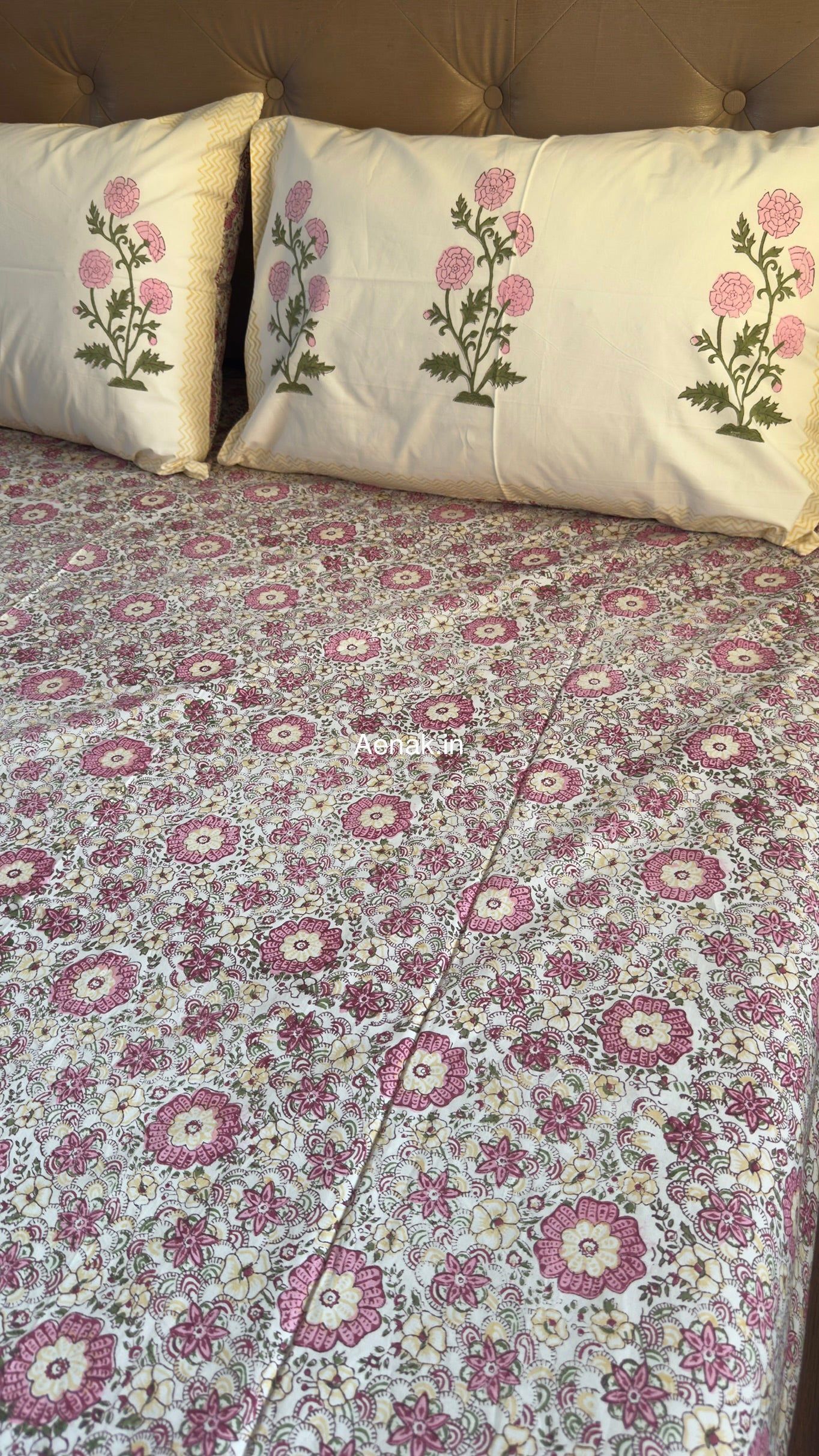 Pink Floral Garden Handblock Premium Cotton Bedsheet Set