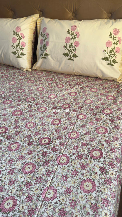 Pink Floral Garden Handblock Premium Cotton Bedsheet Set